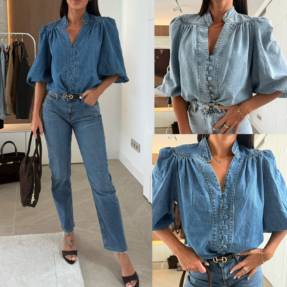 Y2K Winter Clothing - Bluzlar Kadın Denim Gömlek V Yaka