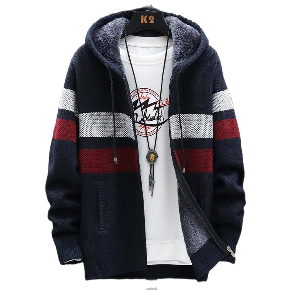 Fleece Hoodie Lined - Erkek Çizgili Kazak Ceket Kalın Polar