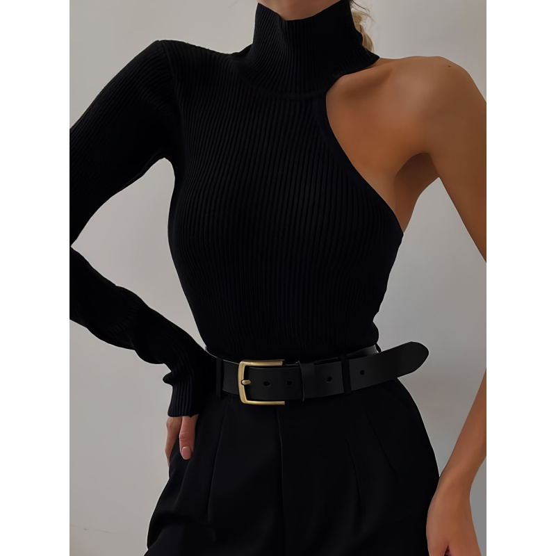 Winter Clothing For Woman - Düz Asimetrik Tek Omuzlu Nervürlü Örgü
