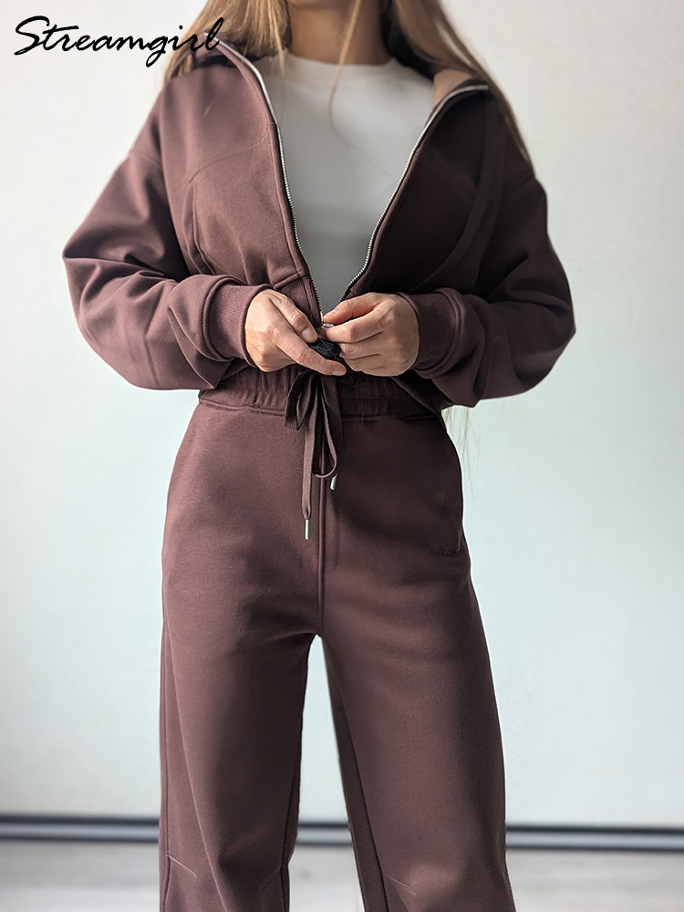 Fleece Hoodie Lined - Kışlık Polar Pantolon Takımı Kadın Kahverengi