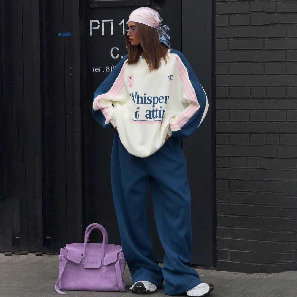 Y2K Winter Clothing - Moda Kontrastlı Sweatshirt Pantolon Takım Sonbahar